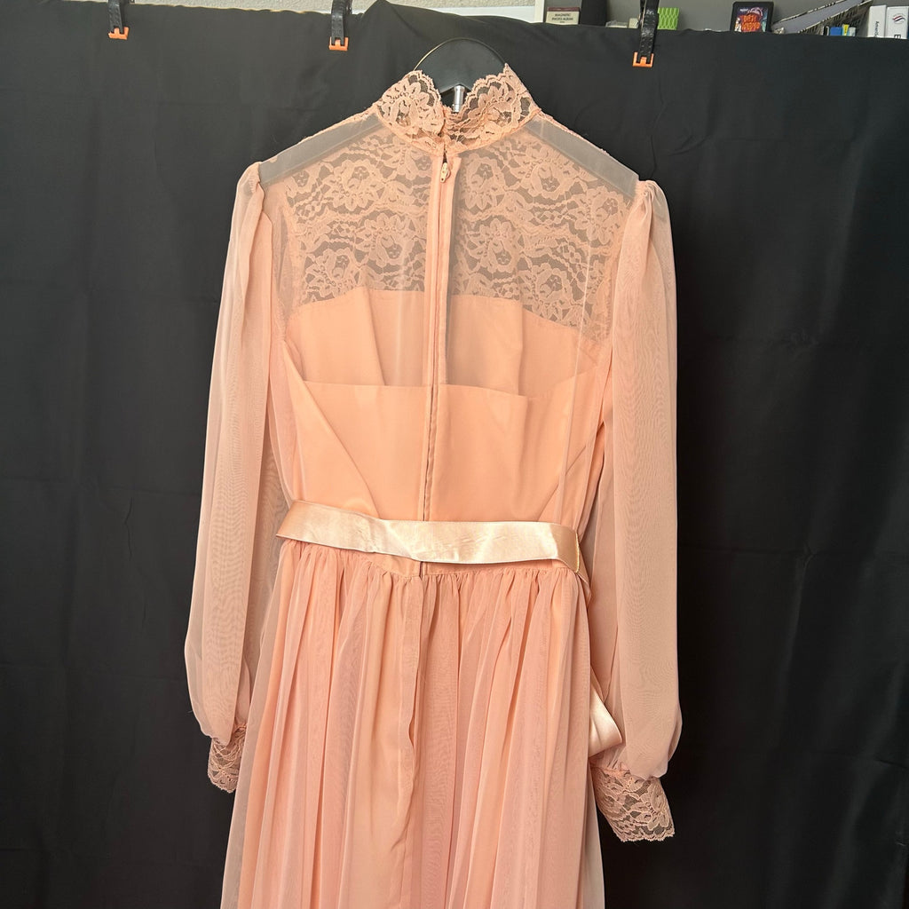 VTG 70s Handmade Peach Lace Maxi Dress Sheer Bishop Sleeve Boho Prairie XS