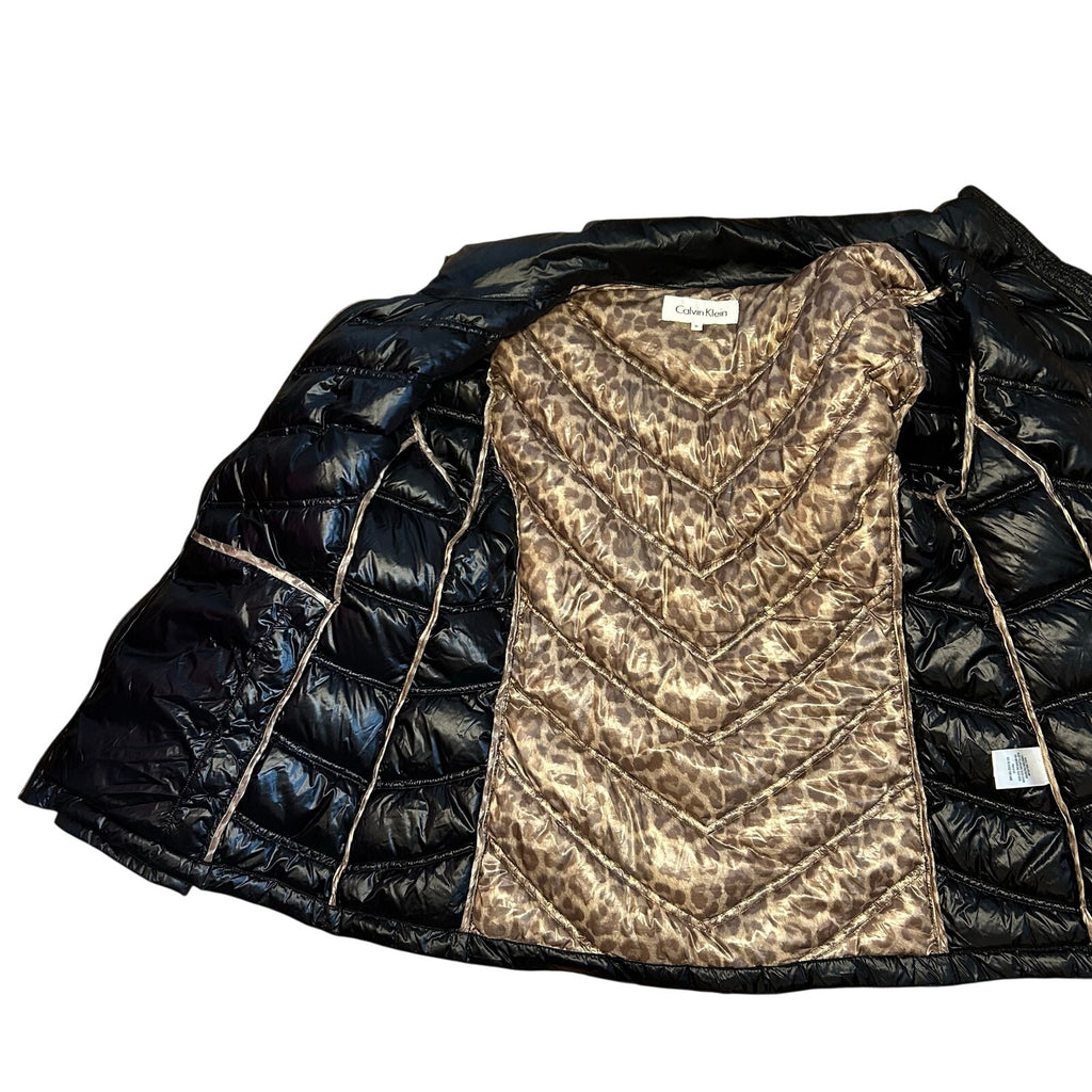 Calvin Klein XL Black Puffer Jacket Cheetah Lined Casual Gorpcore Minimalist