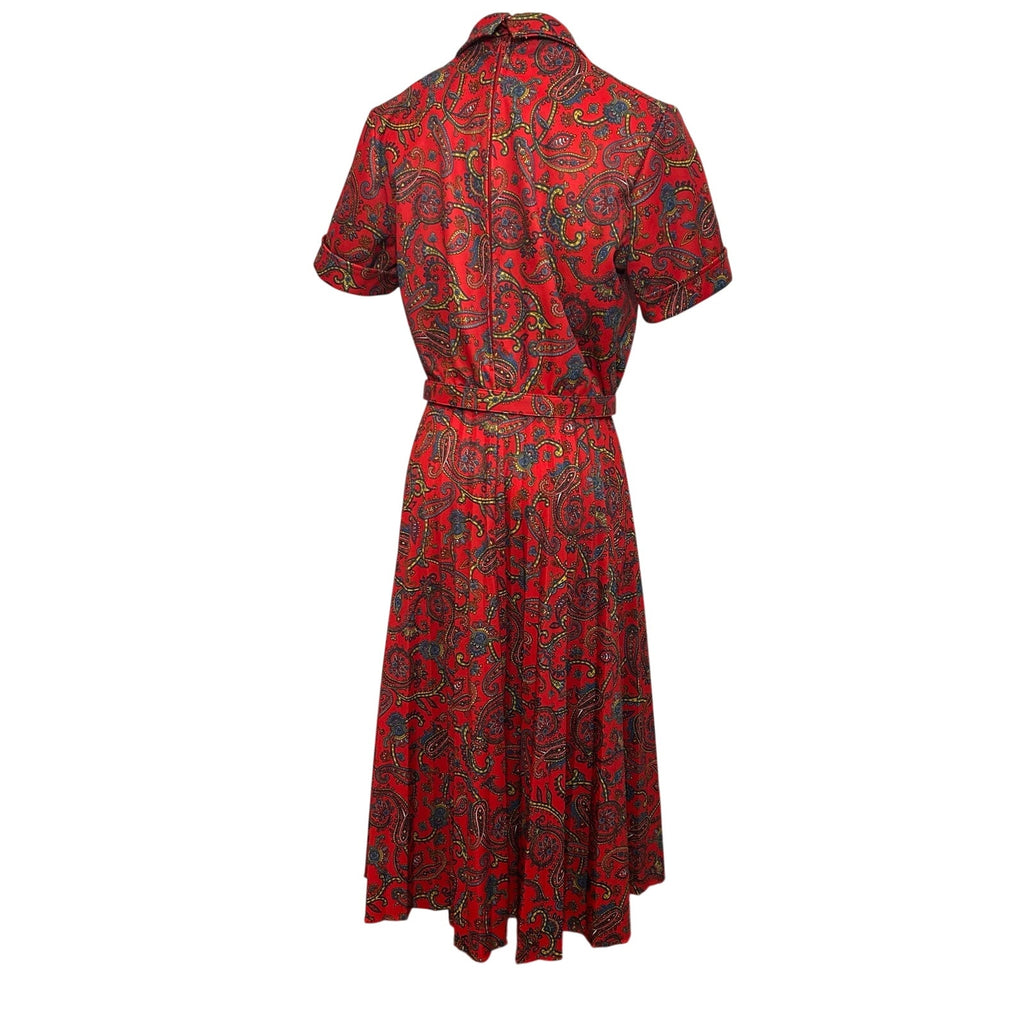 VTG 70s Red Paisley Dagger Collar Midi Dress with Matching Belt M Whimsygoth