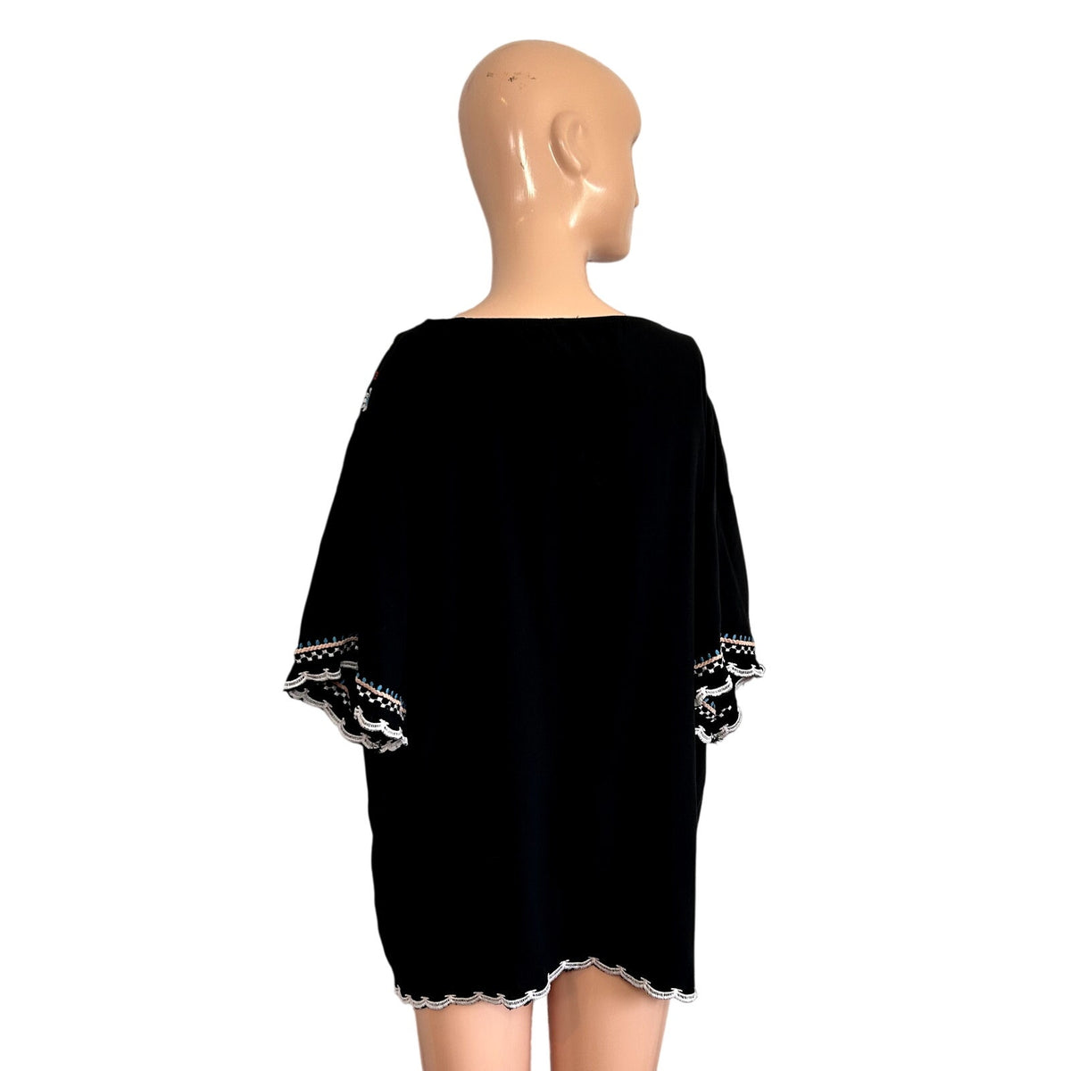 Black Southwestern Embroidered XL Rayon Batwing Blouse Top Boho Peasant Western