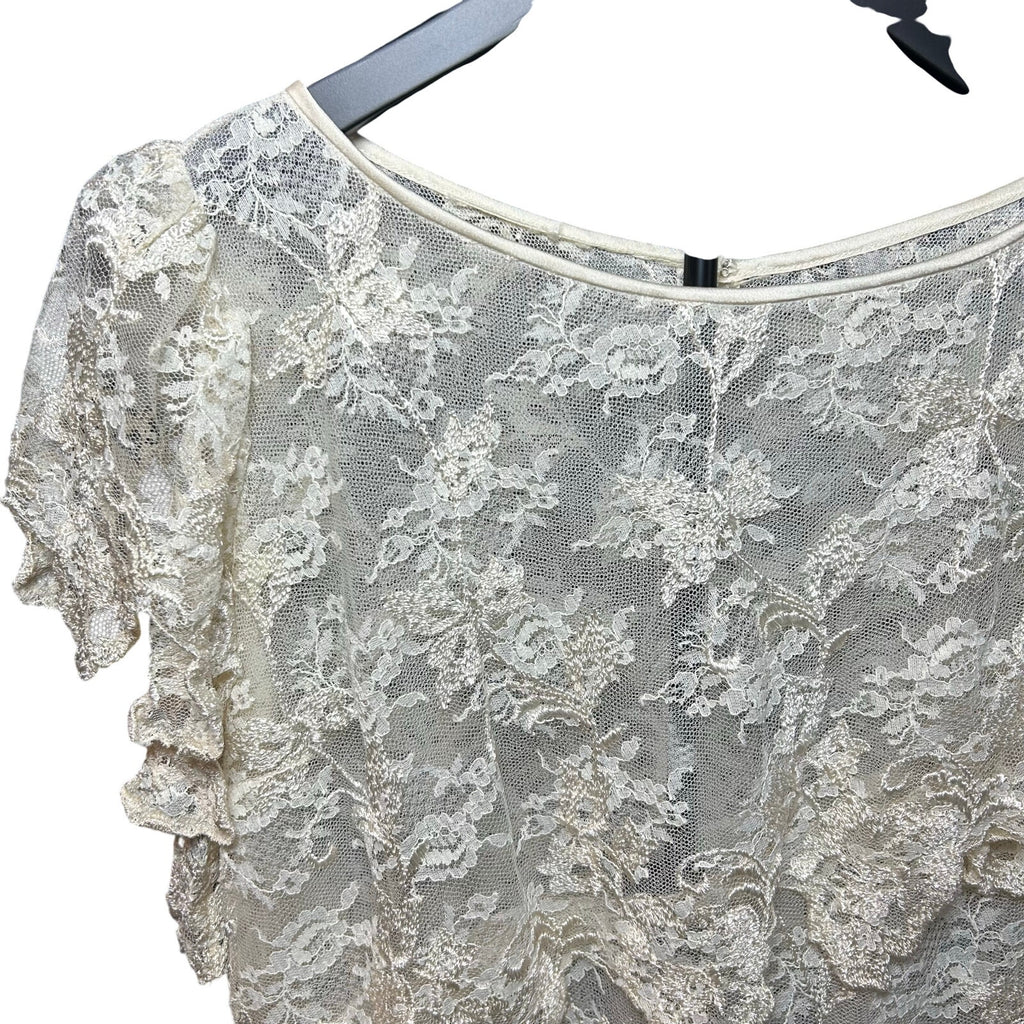 VTG 1960s Sheer Cream Lace Tiered Midi Dress Whimsigoth Bridal Overlay S