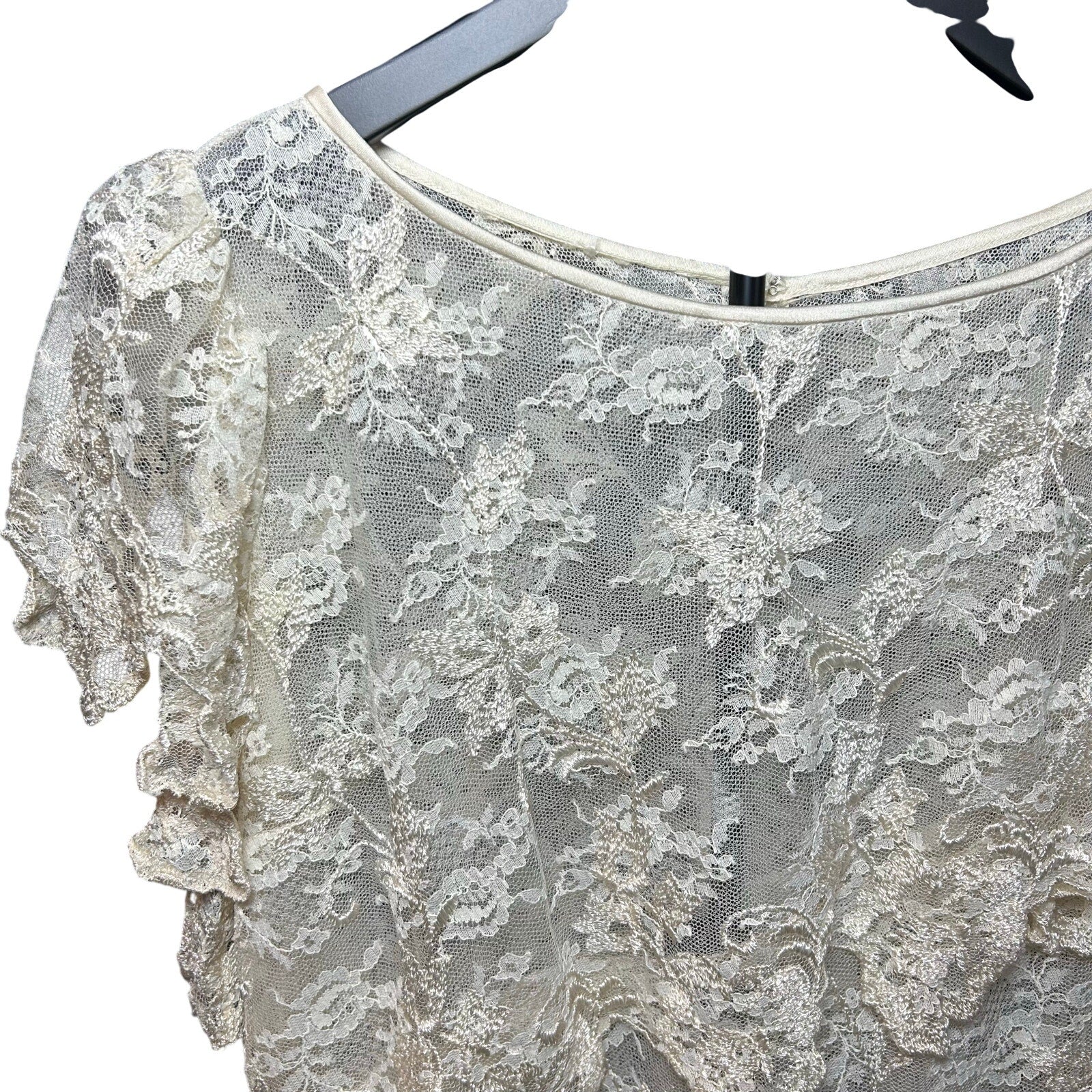 VTG 1960s Sheer Cream Lace Tiered Midi Dress Whimsigoth Bridal Overlay S