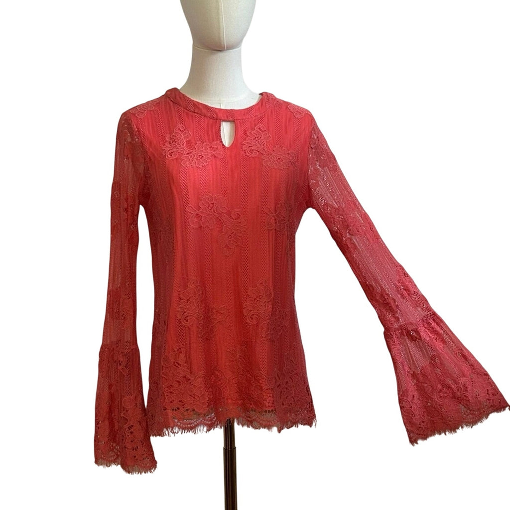 Ultra Pink Floral Lace Top Sheer Bell Sleeves M Coquette Fairy Gypsy Feminine