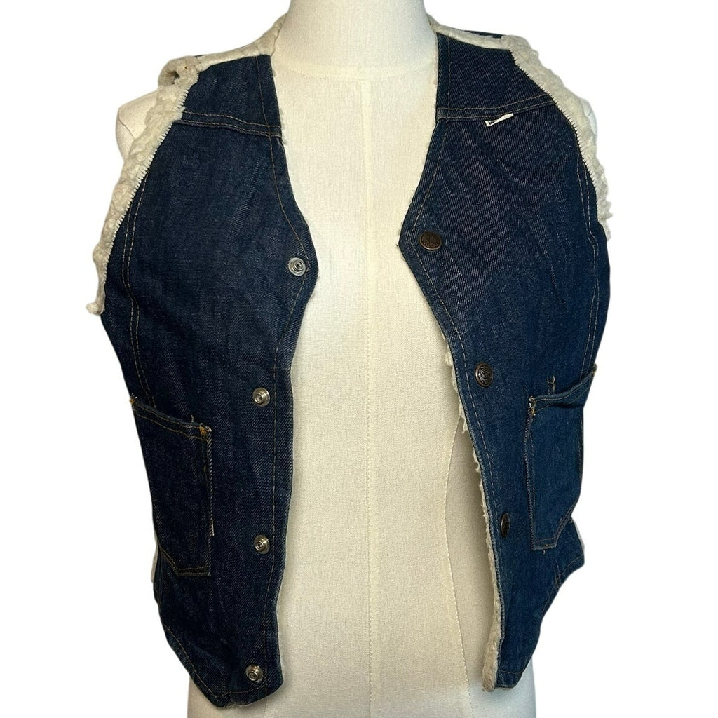 VTG 70s Nelson Denim Sherpa Vest Western Ranchcore Medium Workwear Biker Retro