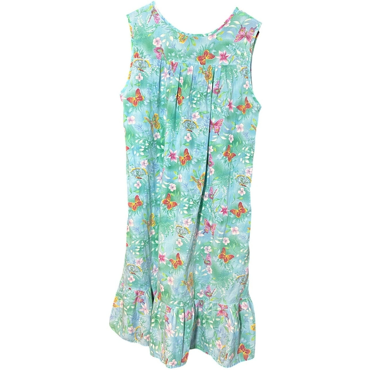 VTG Butterfly Floral Cotton Feel House Dress Blue Green XL Single Side Pocket