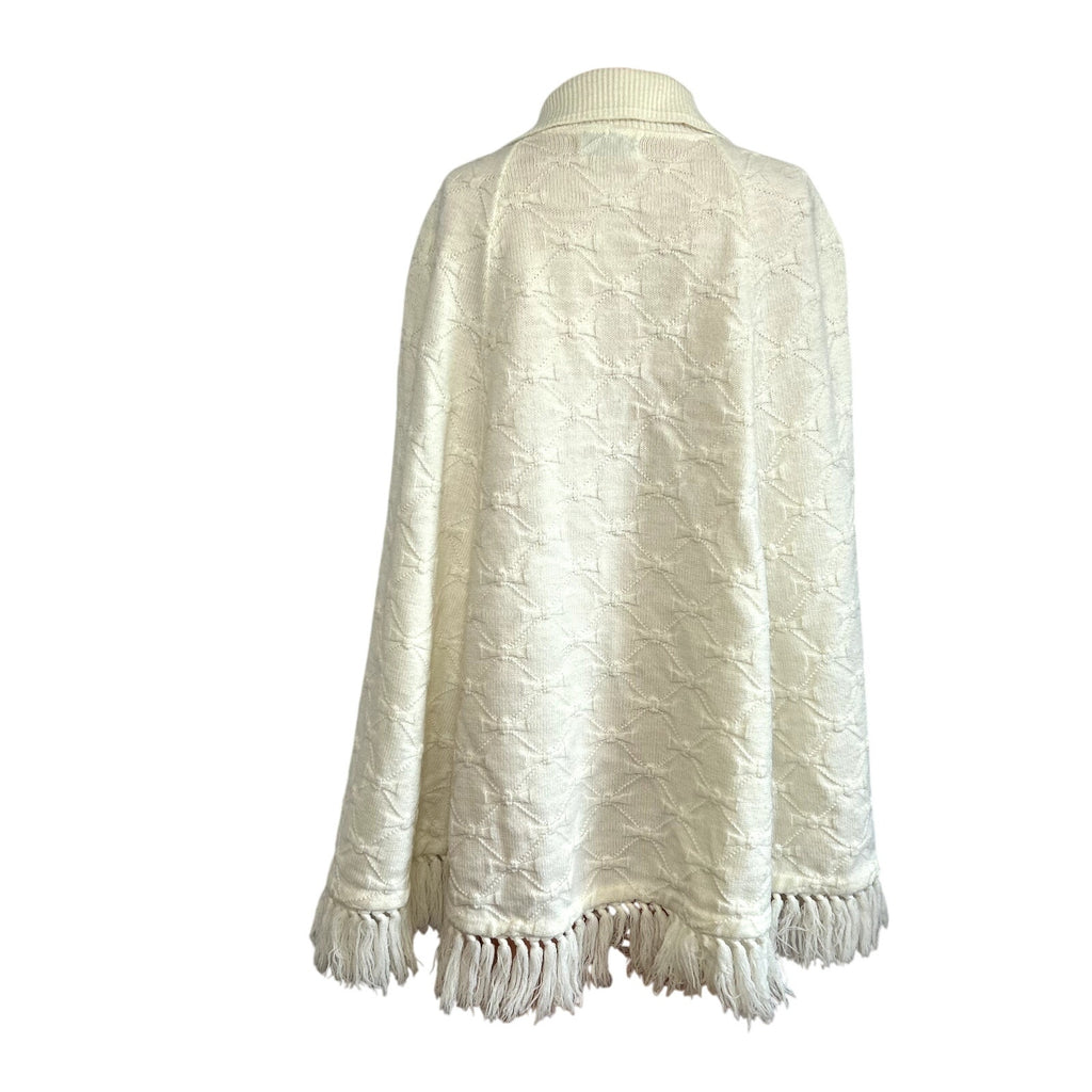 VTG 70s Cuddle Knit OS White Button Front Fringe Knit Poncho Cape Sweater Twee