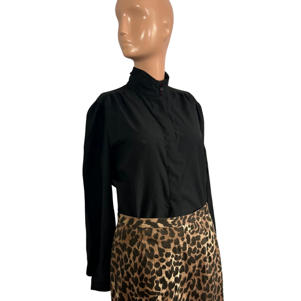 VTG 80s Laura Mae Black Mock Neck L Button Down Pleated Top Dark Academia