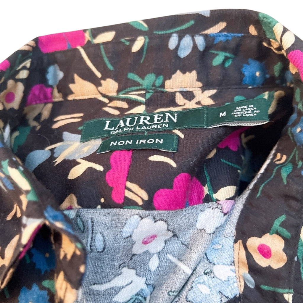 Lauren Ralph Lauren Floral Non-Iron Button Down Shirt Medium Black Pink Career