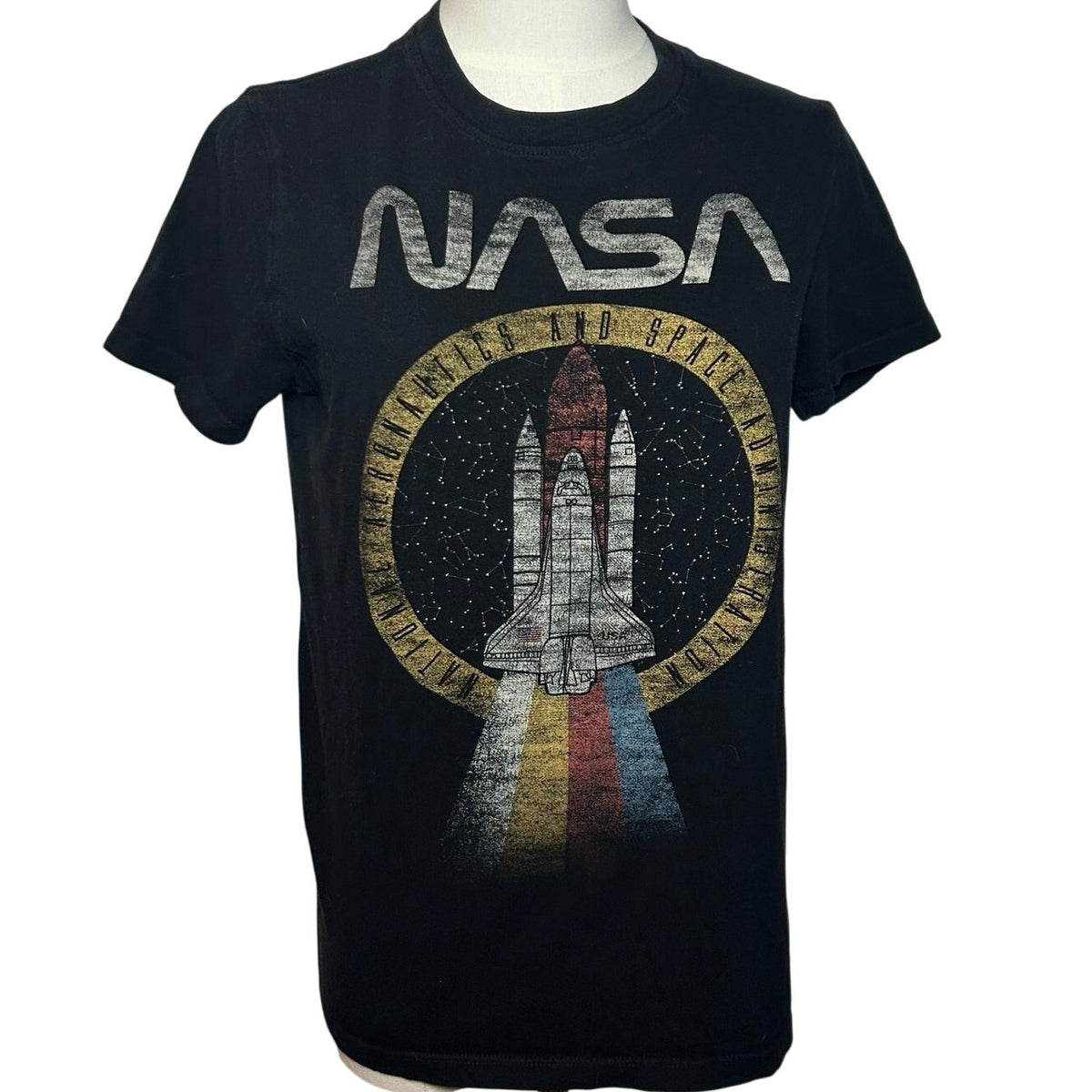 NASA Space Shuttle Graphic Black Cotton T-Shirt M Grunge Y2K Geek Science Retro