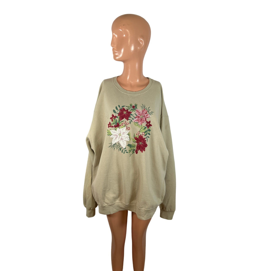 VTG 90s Jerzees XL Tan Christmas Poinsettia Fleece Sweatshirt Grandma Holiday
