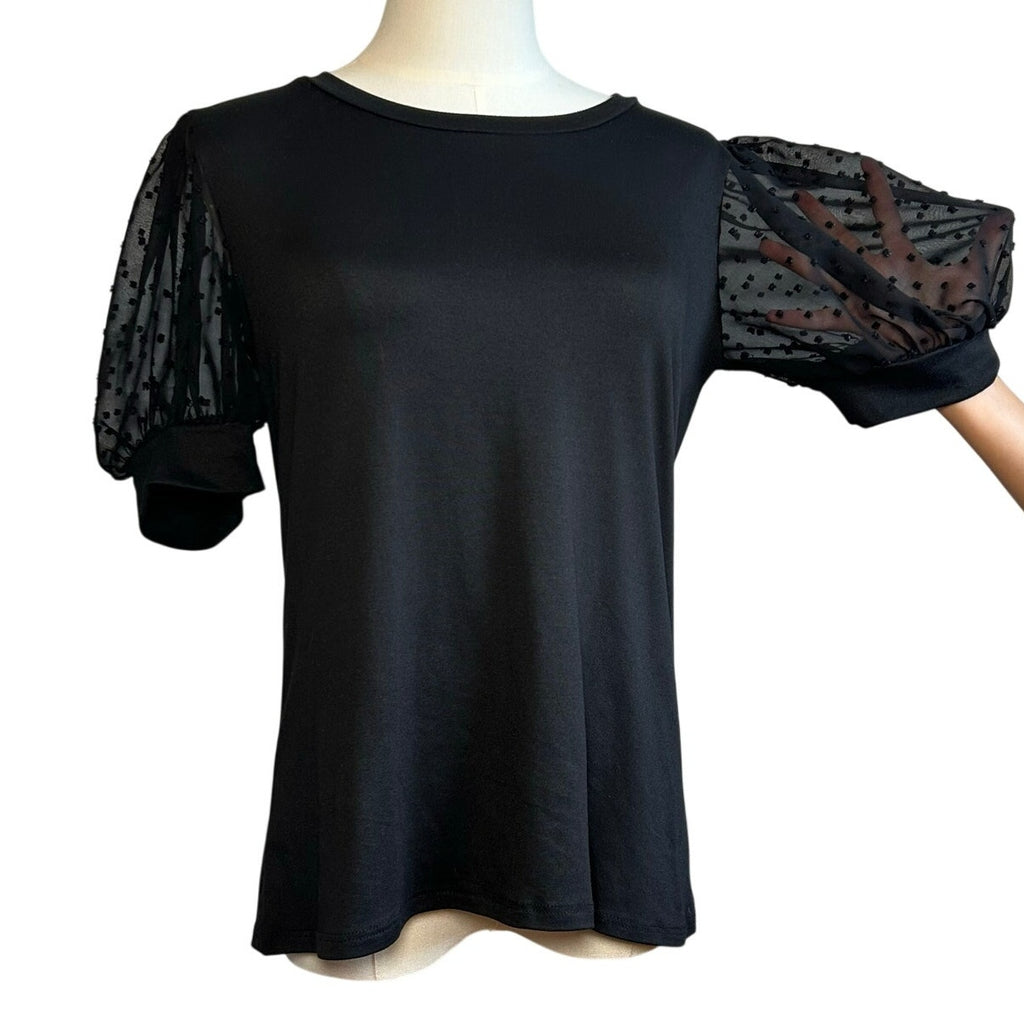 Les Amis Black Swiss Dot Puff Sleeve Top S Coquette Minimalist Goth Whimsygoth