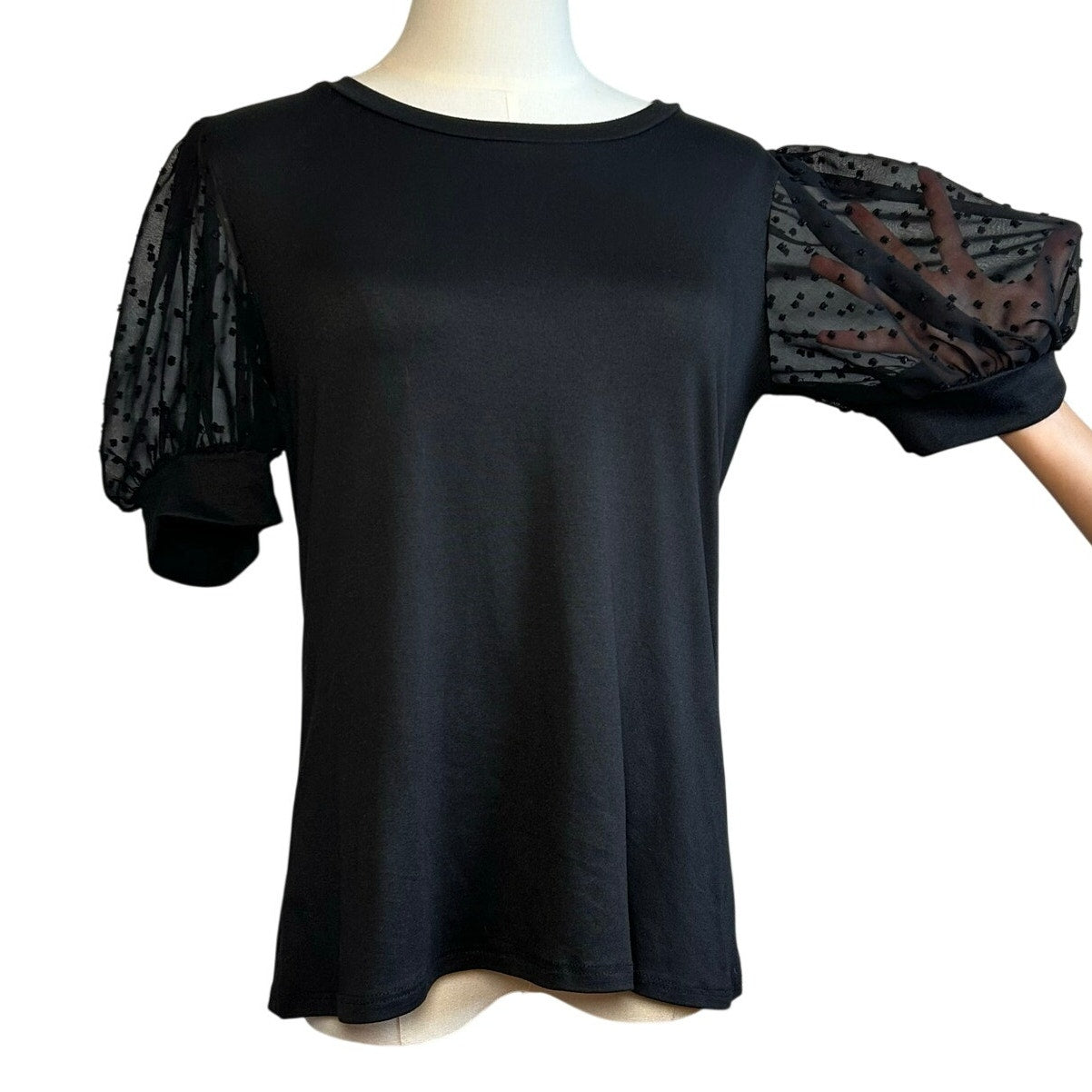 Les Amis Black Swiss Dot Puff Sleeve Top S Coquette Minimalist Goth Whimsygoth