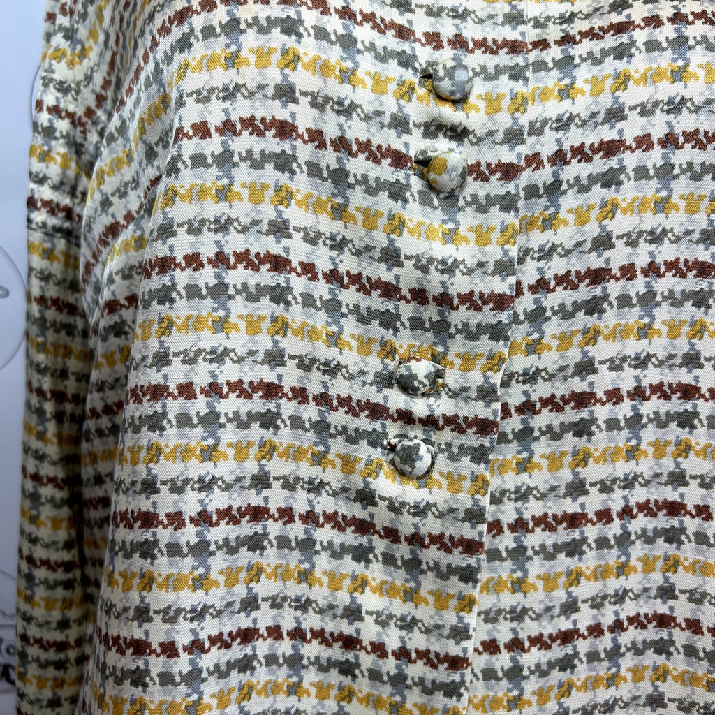 VTG 70s Sir Norman Hartnell M Tan Silk Houndstooth Pussy Bow Couture Blouse