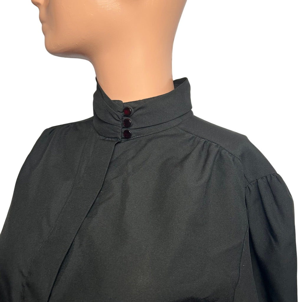 VTG 80s Laura Mae Black Mock Neck L Button Down Pleated Top Dark Academia