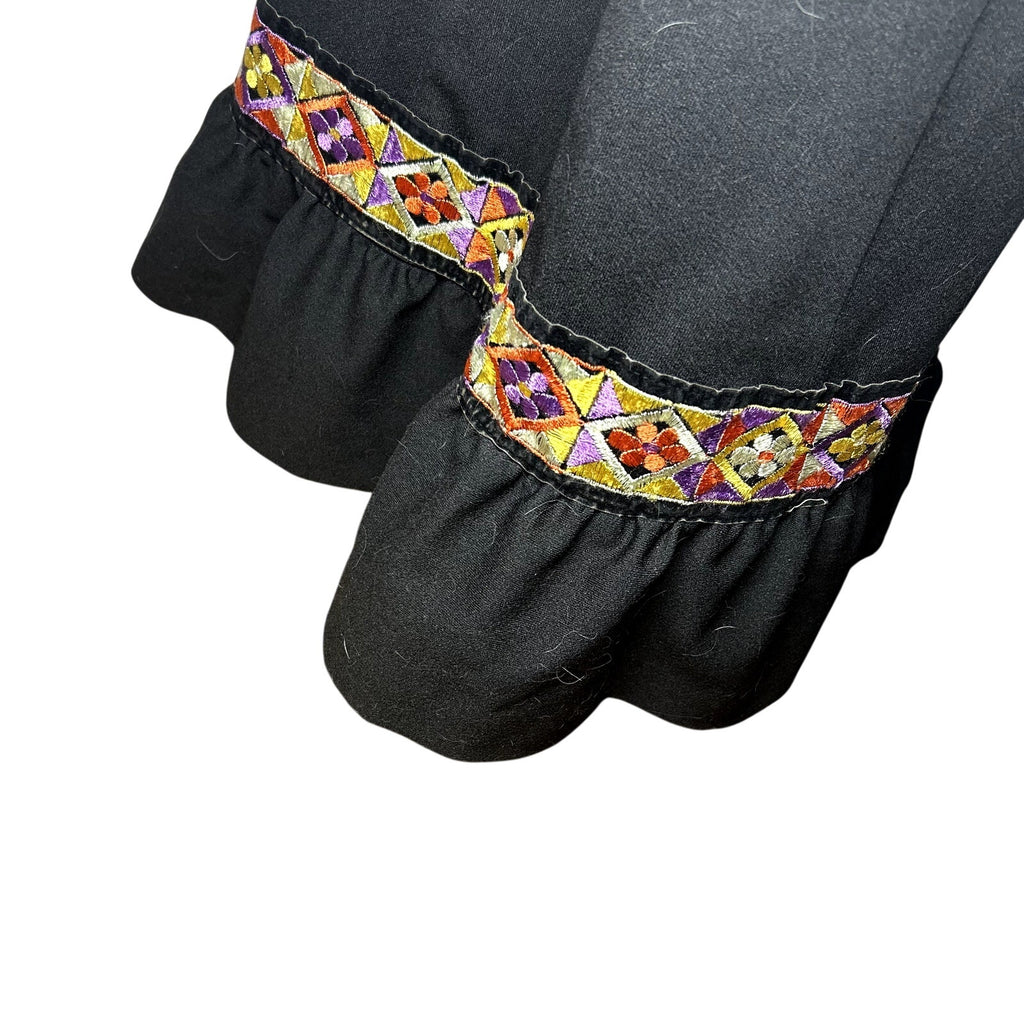 VTG 70s Black Folk Maxi Dress Embroidered Velvet Trim Ruffle Boho Hostess Small
