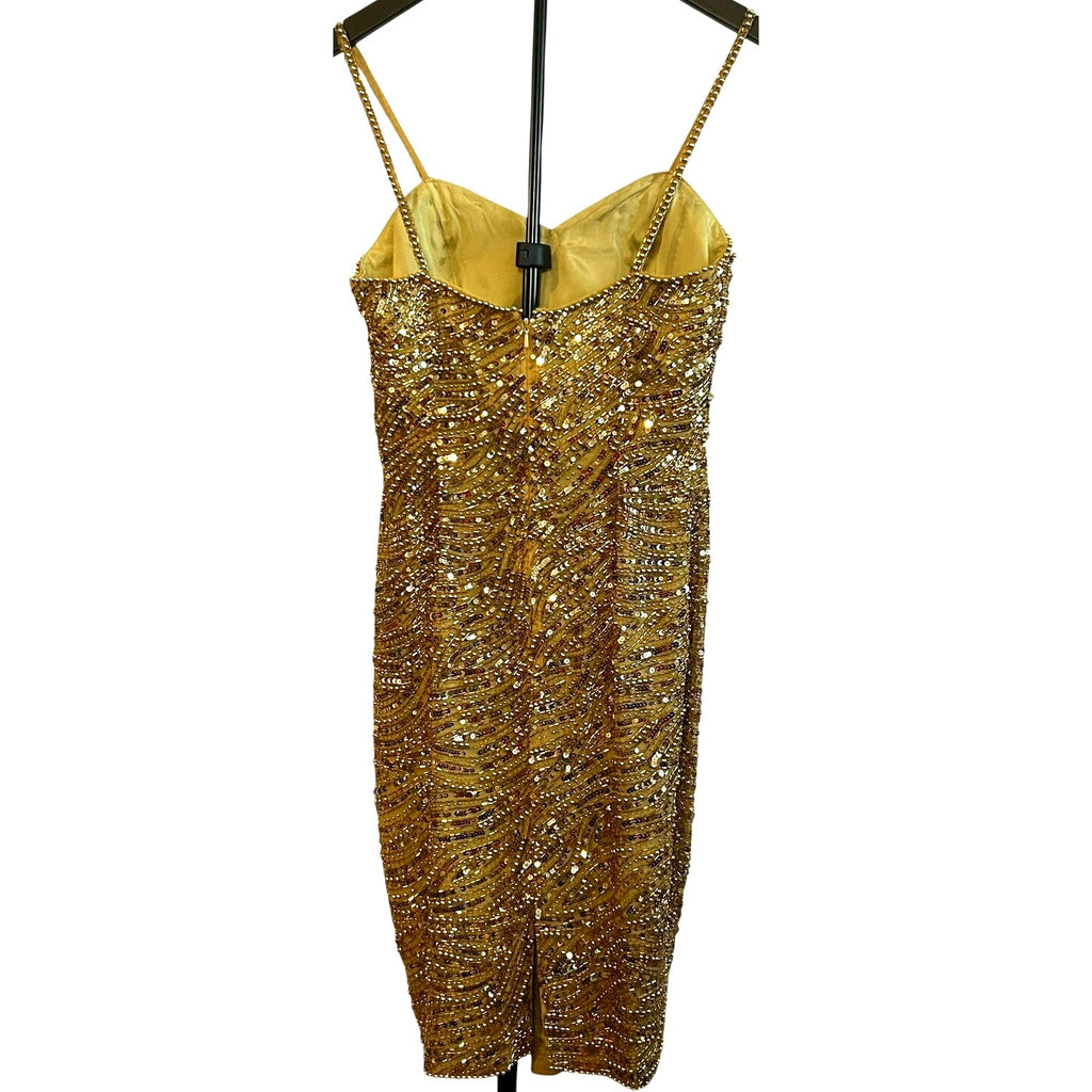 VTG Nite Line AJ Bari Gold Beaded Silk Dress Sweetheart Evening Gown 4 Trophy