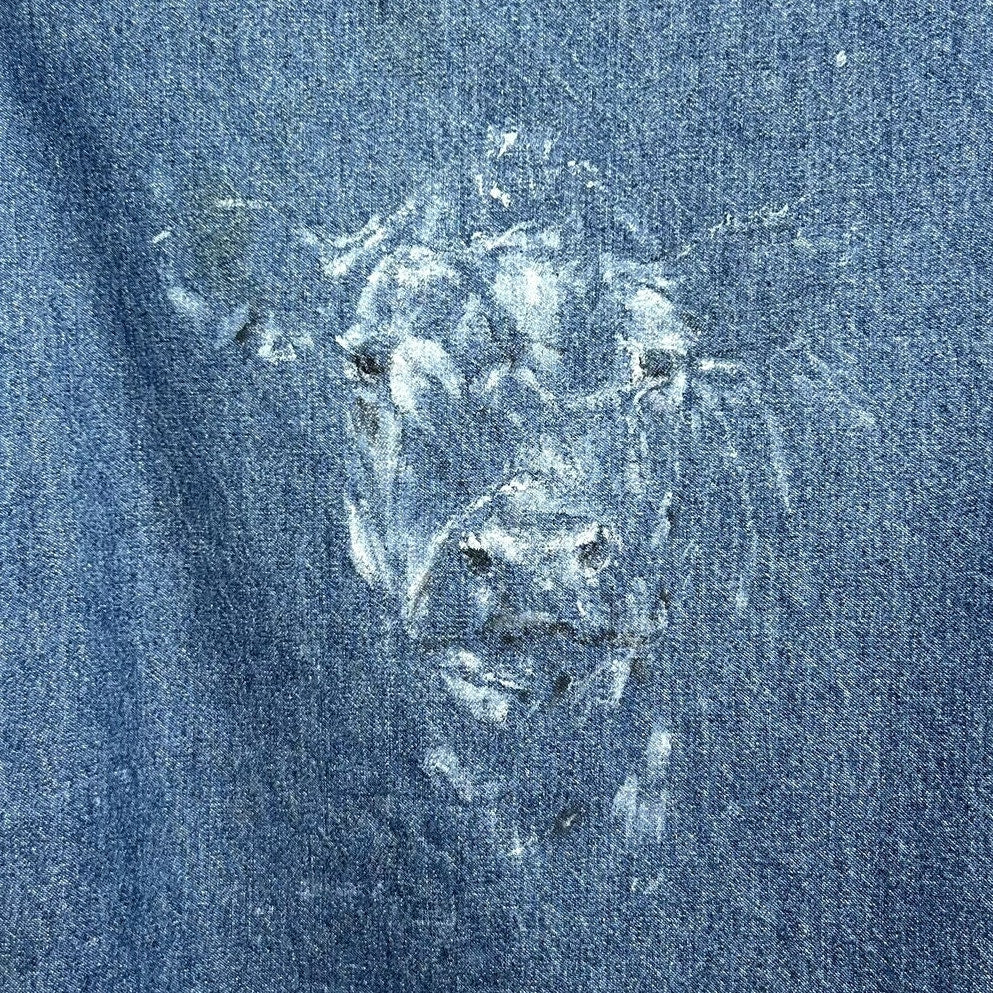 VTG 70s Big Ben Wrangler 36 Blanket Lined Denim Jacket Hand Painted Cow Art Barn