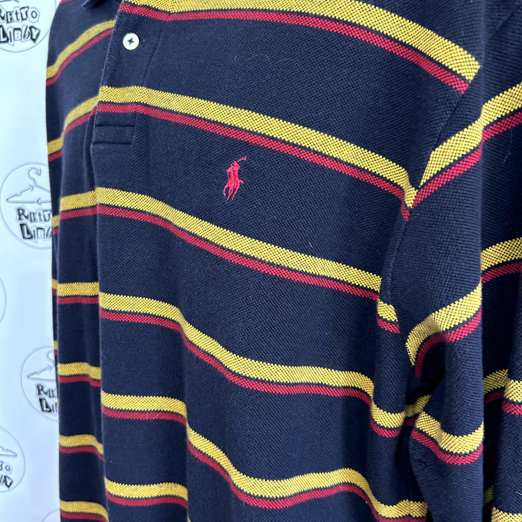 VTG 90s Polo Ralph Lauren XL Navy Blue Striped Long Sleeve Polo Shirt Preppy