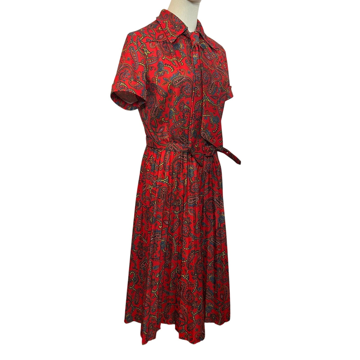 VTG 70s Red Paisley Dagger Collar Midi Dress with Matching Belt M Whimsygoth