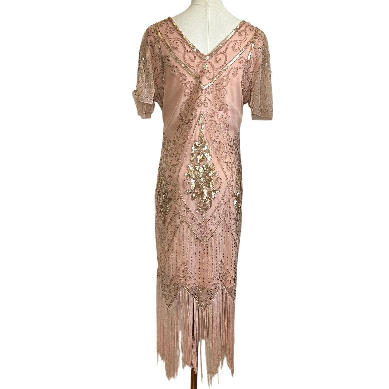 Pink Beaded Sequin Flapper Dress PS Fringe 1920s Style Art Deco Costume Party