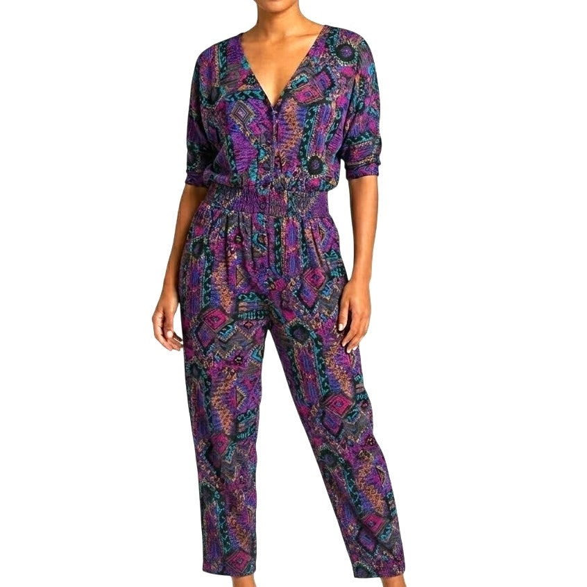 VTG En Focus Geometric Jumpsuit Purple L Rayon Southwestern Boho 90s USA Made