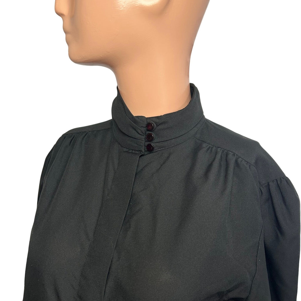 VTG 80s Laura Mae Black Mock Neck L Button Down Pleated Top Dark Academia