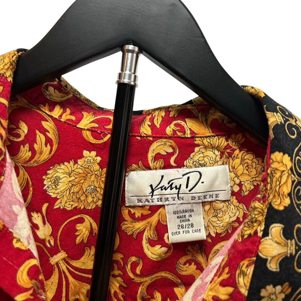 VTG Kathryn Deene Blouse Red 26/28 Boho Floral Baroque Top Plus Size Bold