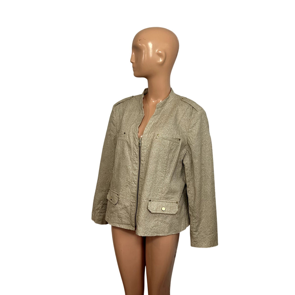Jones New York Collection 16 Tan Cotton Stretch Moto Peplum Utility Jacket Chic
