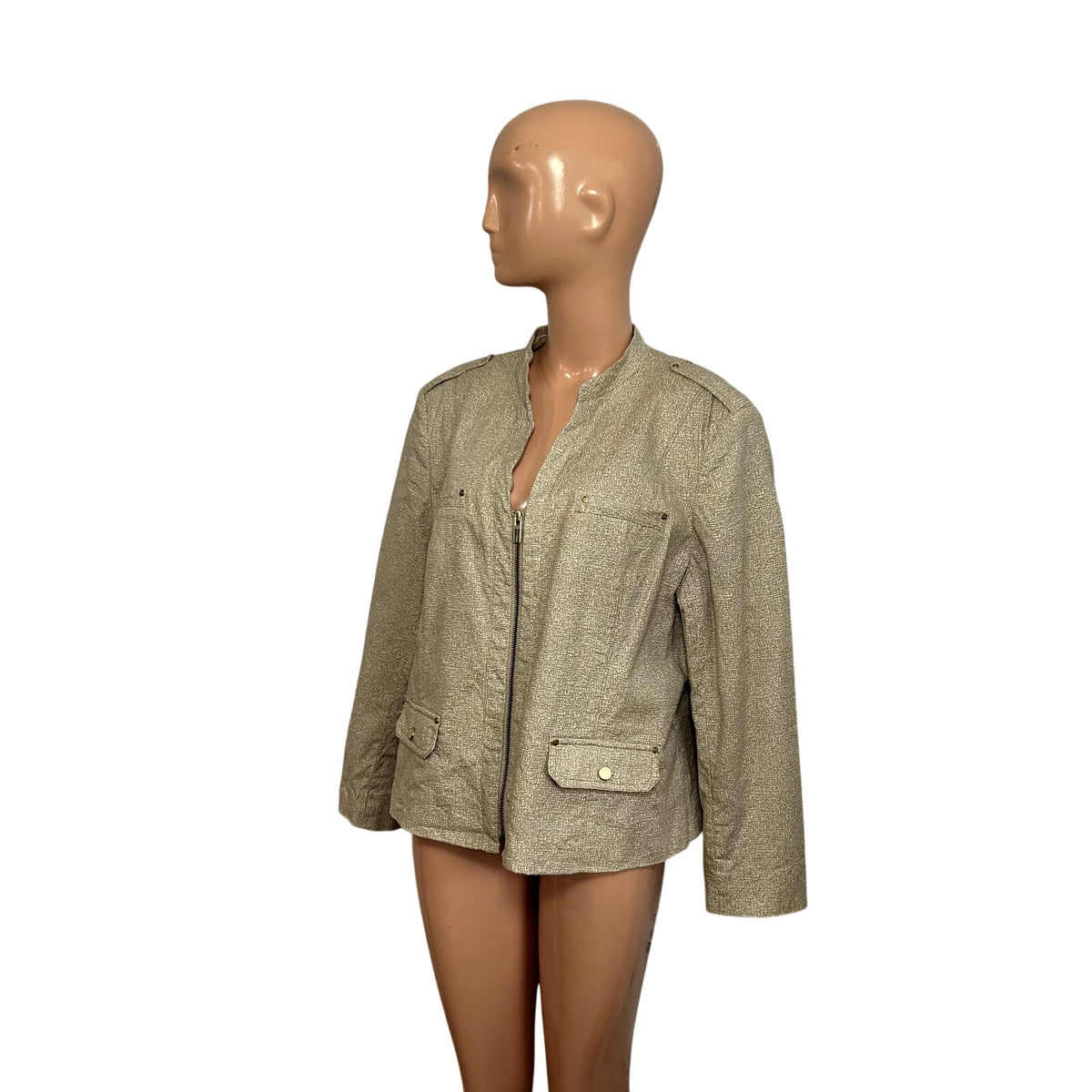 Jones New York Collection 16 Tan Cotton Stretch Moto Peplum Utility Jacket Chic
