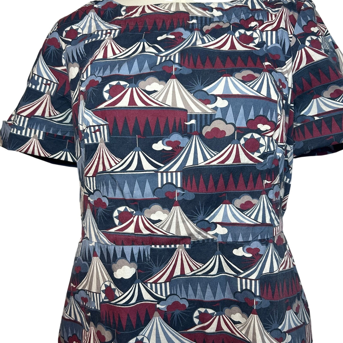 Emily & Fin Circus Tent Print Dress Blue Red M Retro Twee Indie Coquette Wiggle