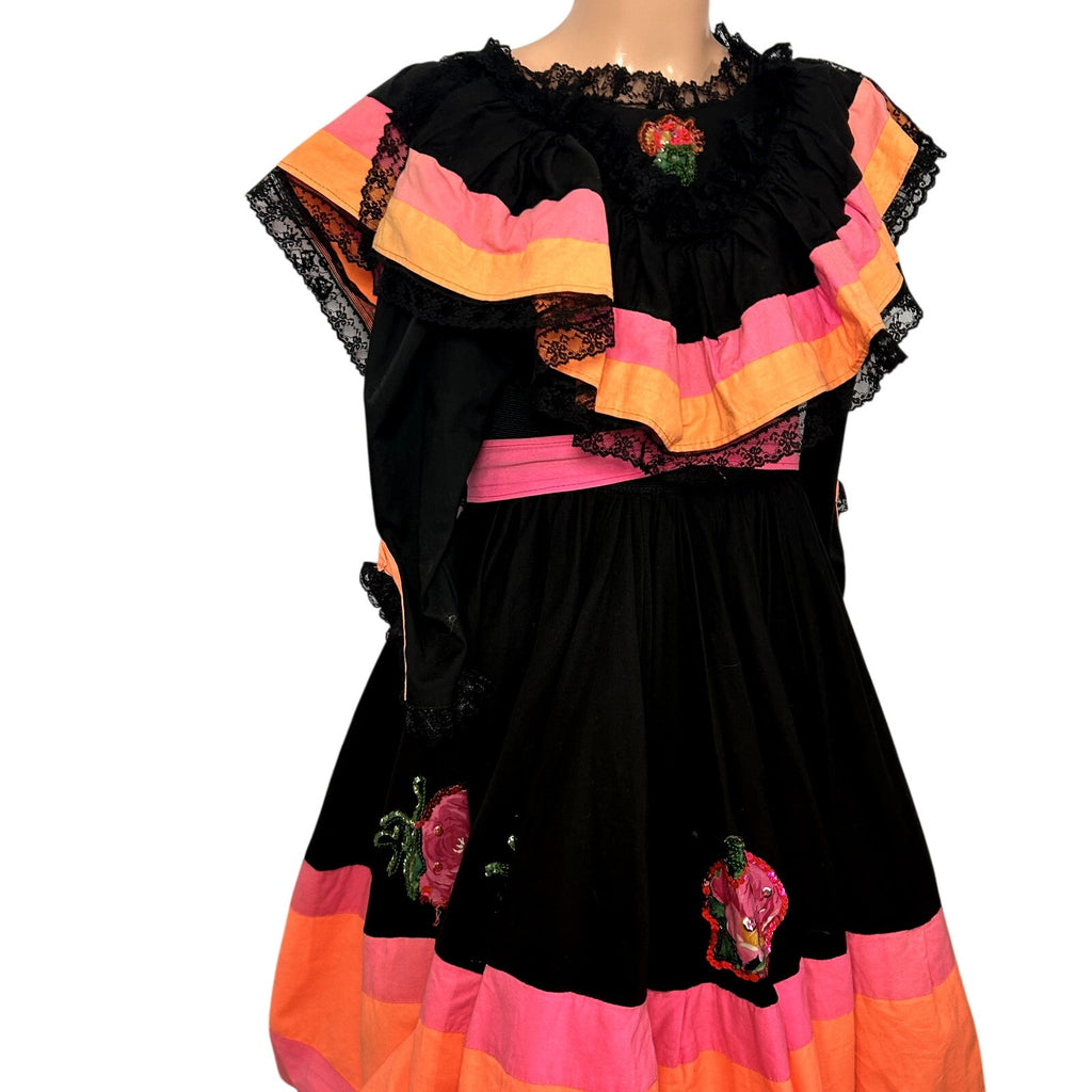 VTG 70s Vintage XS Black Pink Mexican Folkloric Flounce Sequin Dress Retro