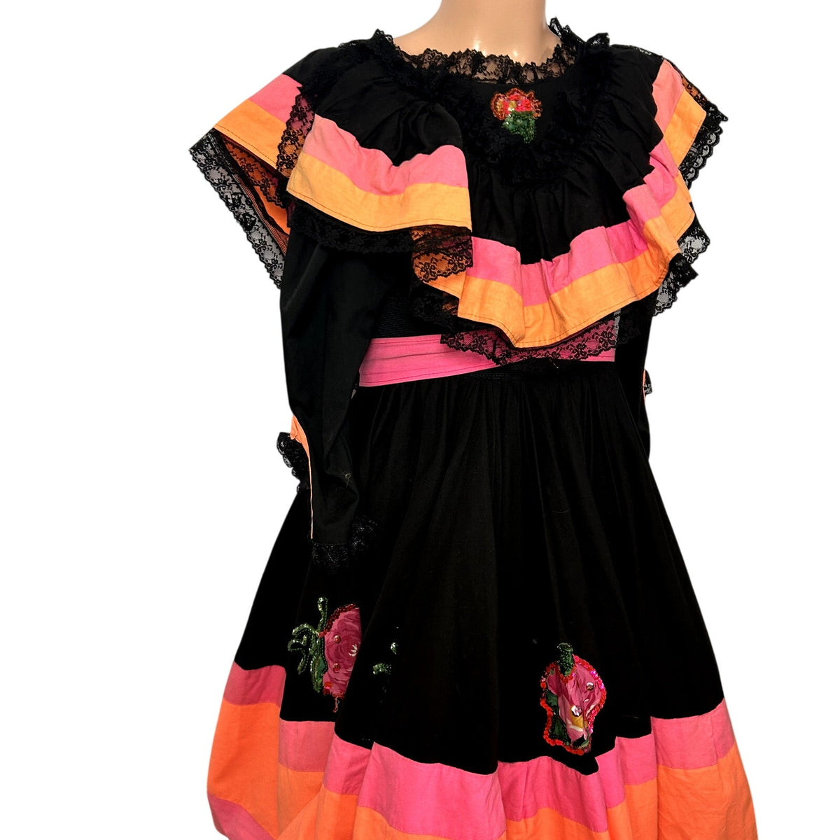 VTG 70s Vintage XS Black Pink Mexican Folkloric Flounce Sequin Dress Retro