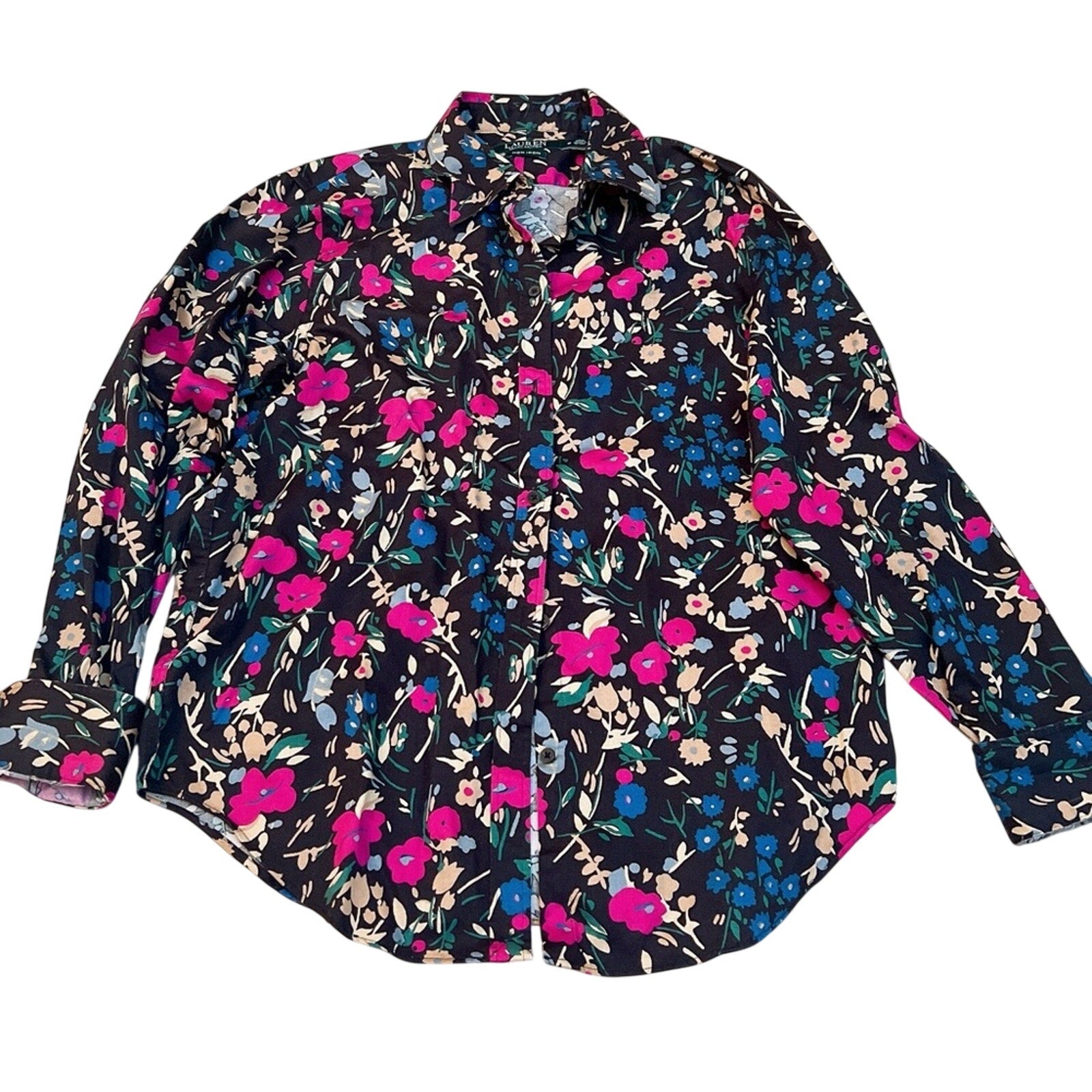 Lauren Ralph Lauren Floral Non-Iron Button Down Shirt Medium Black Pink Career