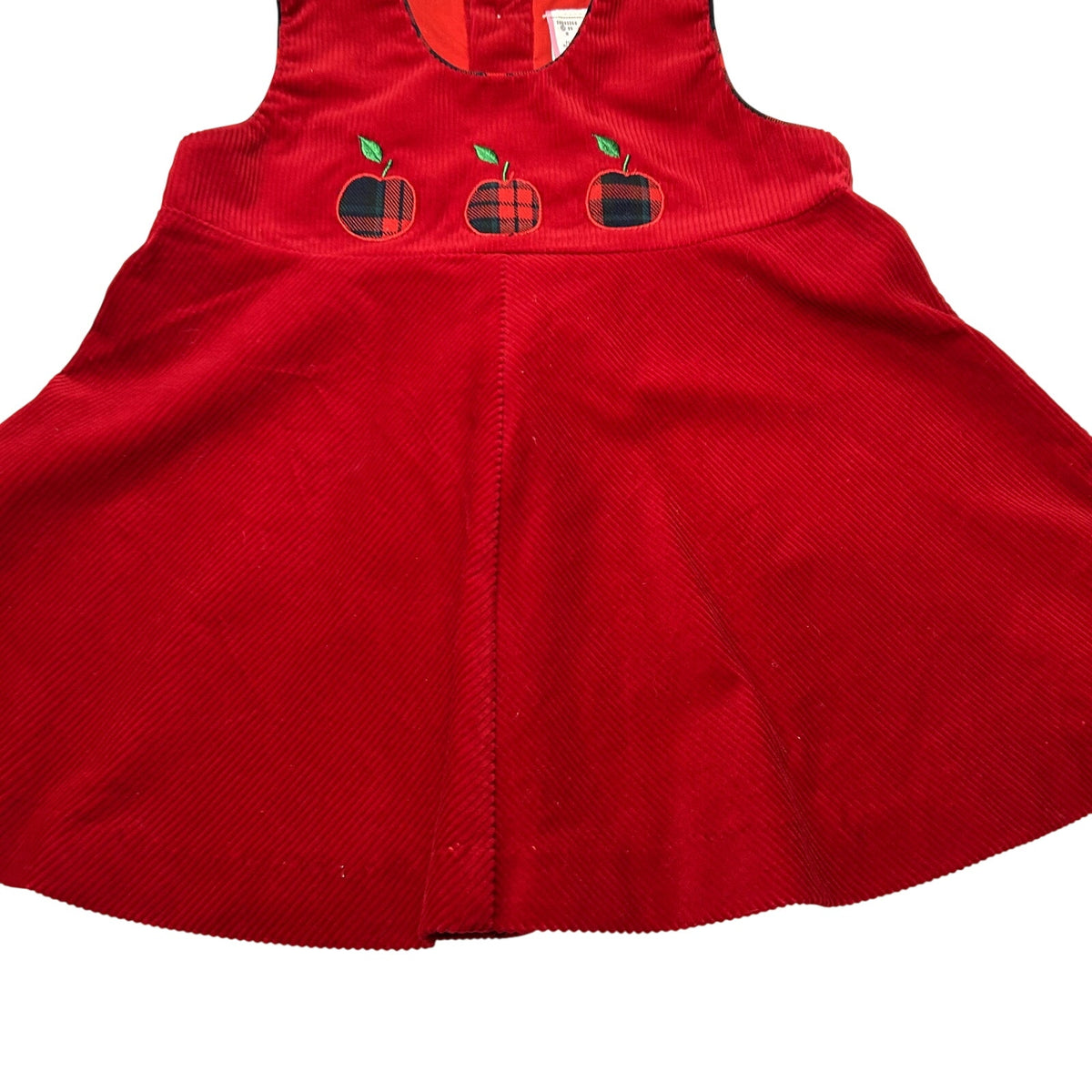 VTG 90s 24M Red Corduroy Embroidered Apple Buffalo Plaid A-Line Pinafore Dress