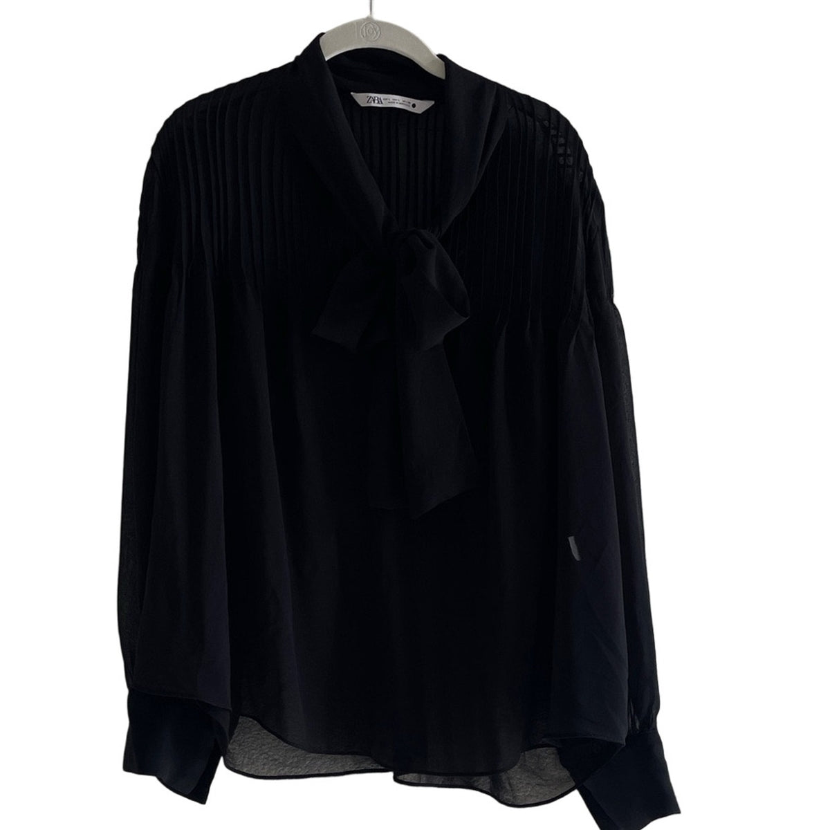 Zara Pleated Tie Neck Blouse Black Sheer Chiffon Pussy Bow Shirt Woman Large L