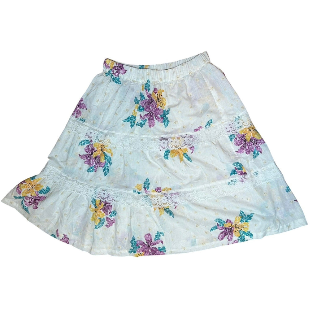 VTG 80s White Floral Broomstick Skirt M L Hawaiian Boho Cottage Fairy Retro