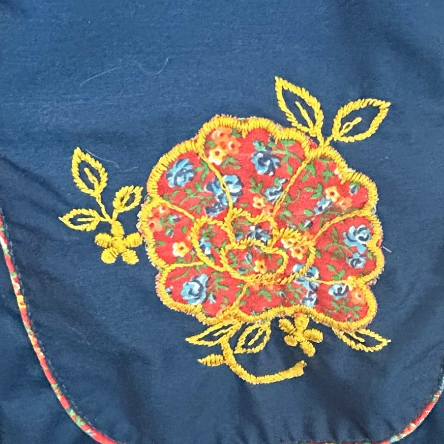 VTG 70s ILGWU Embroidered Floral Pocket Pinafore Dress Navy Blue Small Retro