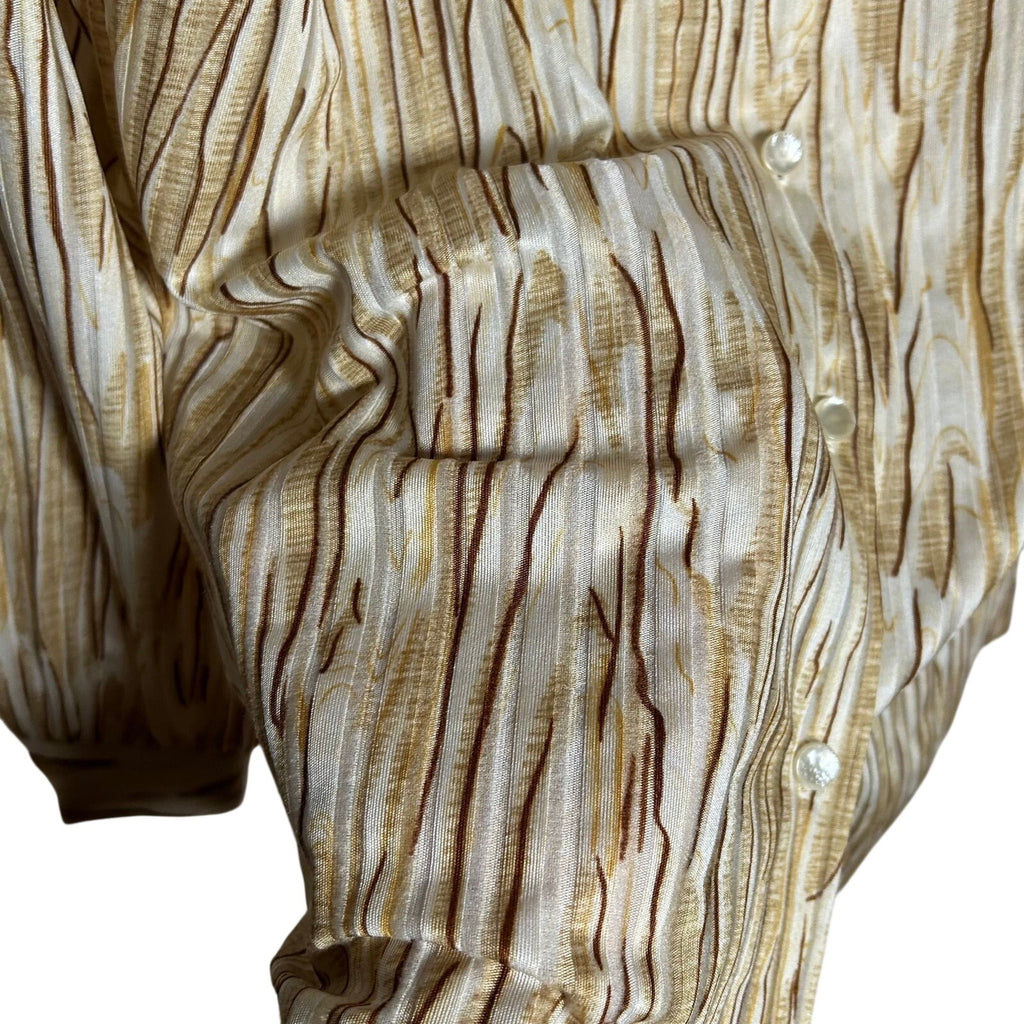 VTG 70s Graff Californiawear Faux Bois Wood Grain Blouse Dagger Collar S/M Disco