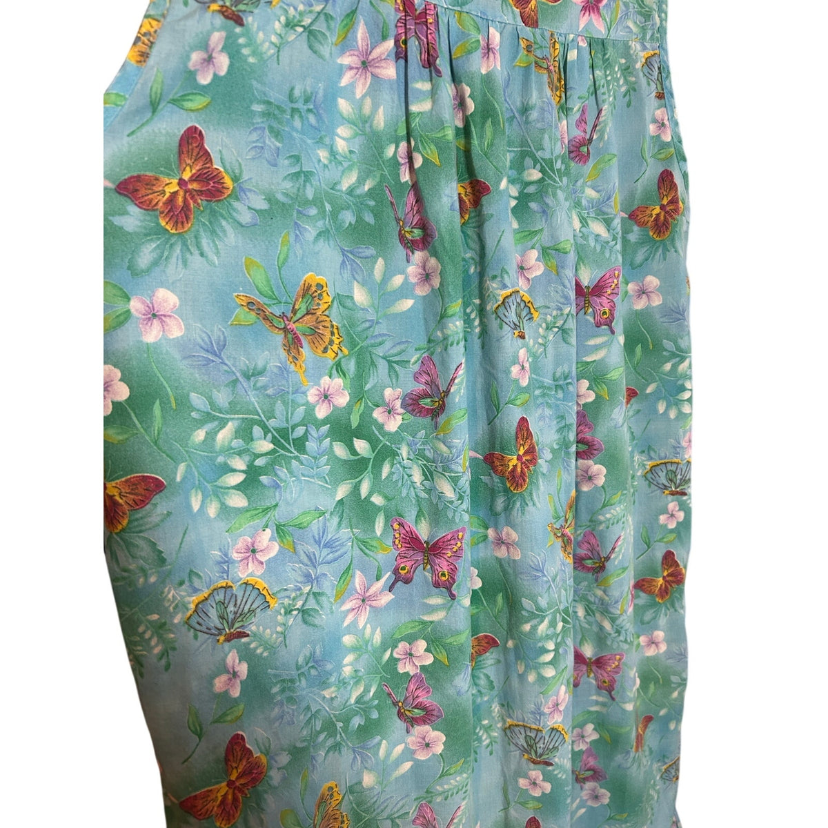 VTG Butterfly Floral Cotton Feel House Dress Blue Green XL Single Side Pocket