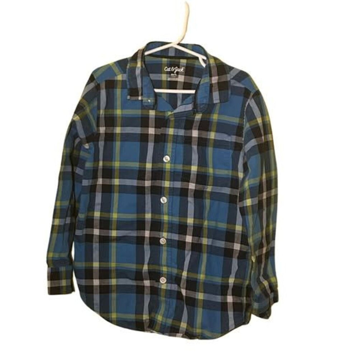 Cat & Jack Boys Blue Green Plaid Shirt Size 6/7 Long Sleeve FLAW