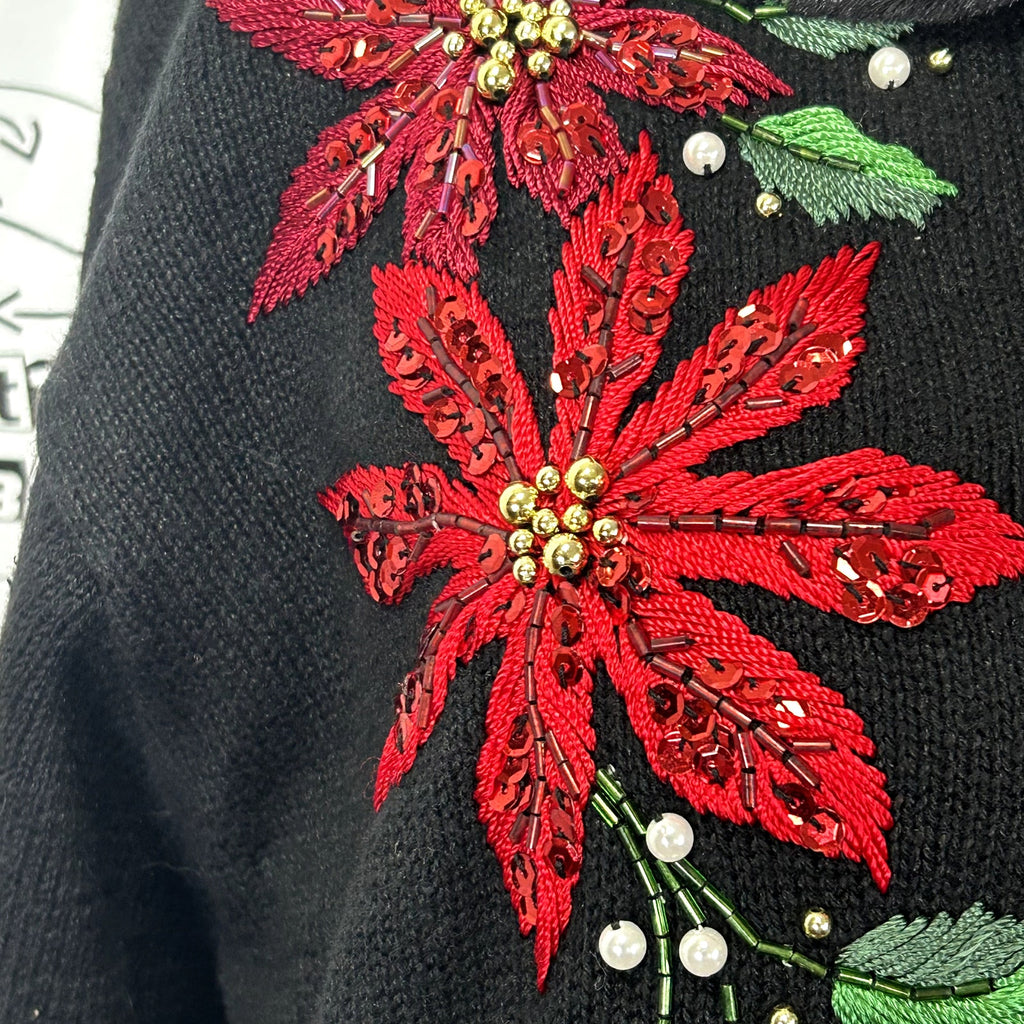 VTG 90s B.P. Design M Black Poinsettia Beaded Christmas Cardigan Faux Fur Collar