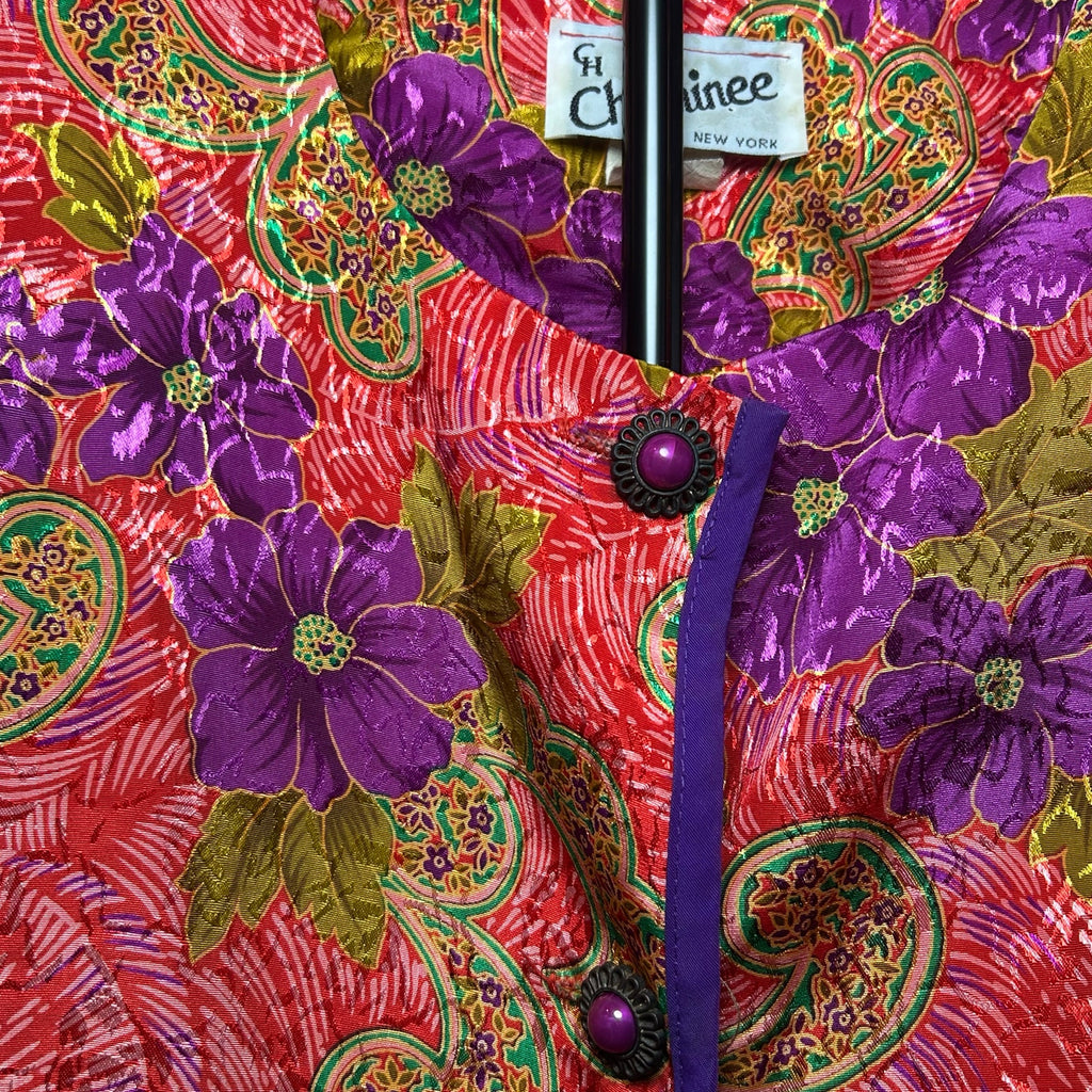 VTG CH Cheminee Tunic Top Purple Red Floral Size 16 80s Maximalist Glam Boho