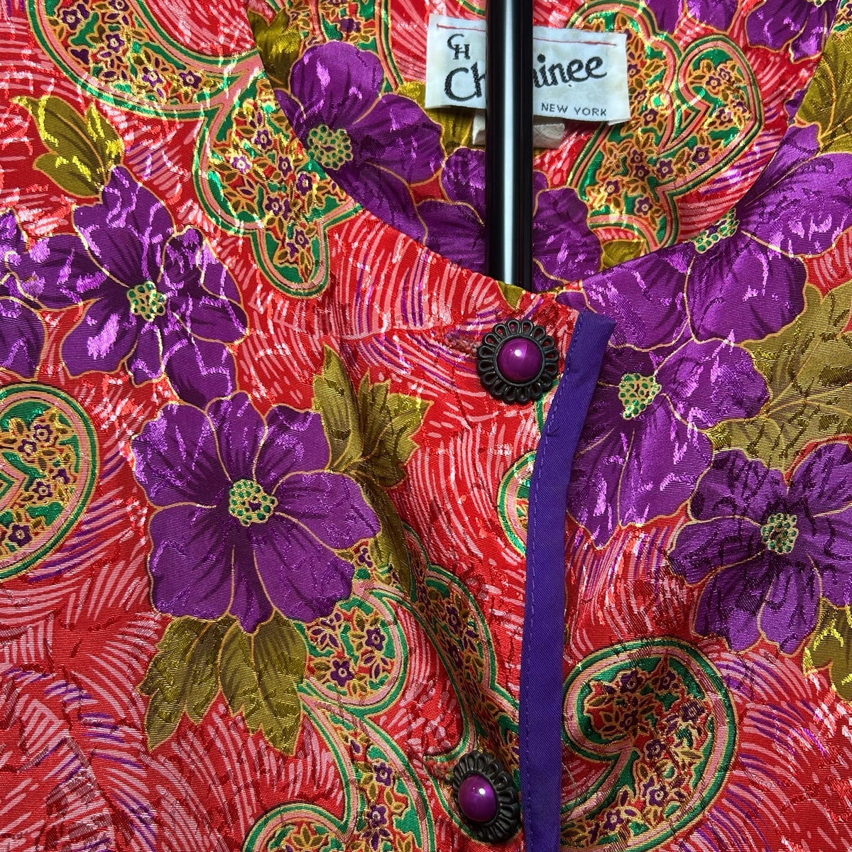 VTG CH Cheminee Tunic Top Purple Red Floral Size 16 80s Maximalist Glam Boho