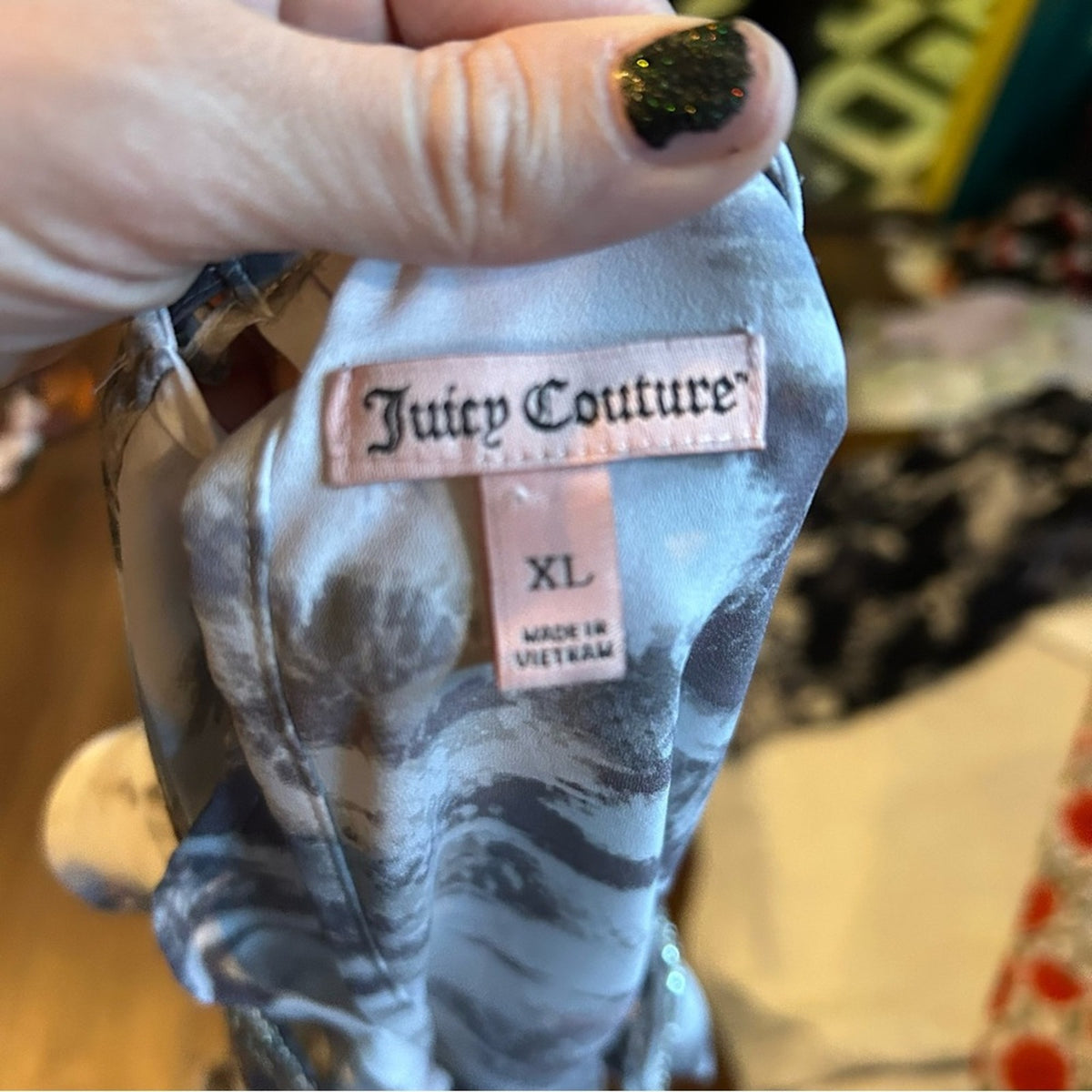 Juicy Couture Y2K Rhinestone Keyhole Abstract Blouse XL Glam Coquette Indie