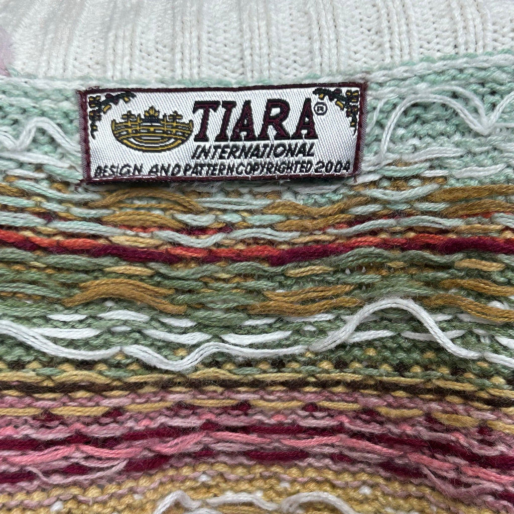 VTG Y2K Tiara International L White Fair Isle Cardigan Sweater Full Zip Grandma