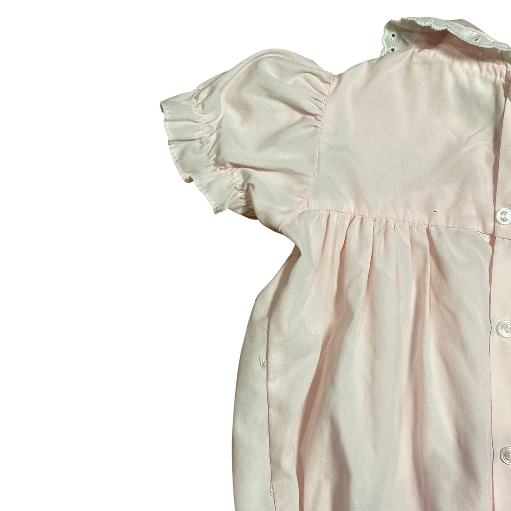VTG 70s Baby Girl Pink Smocked Romper Teddy Bear Puff Sleeve Cottage Coquette