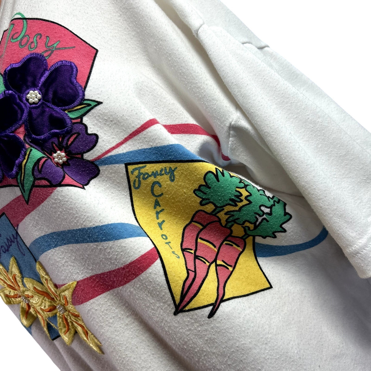 VTG 90s Architect L White Seed Packet Floral Beaded Applique Grandmacore Top