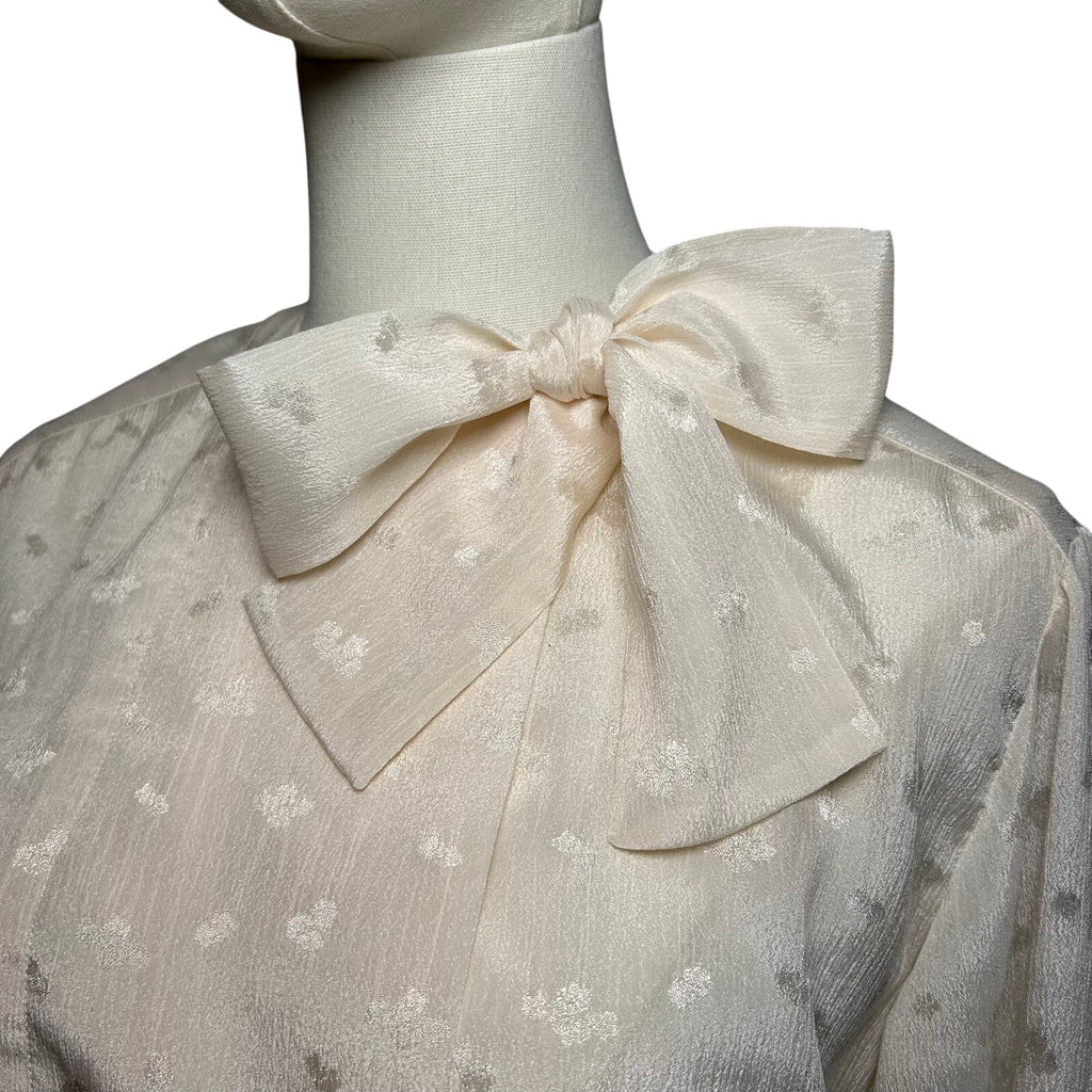 VTG 70s White Pussy Bow Pleated M Midi Dress Retro Twee Preppy Coquette Wedding