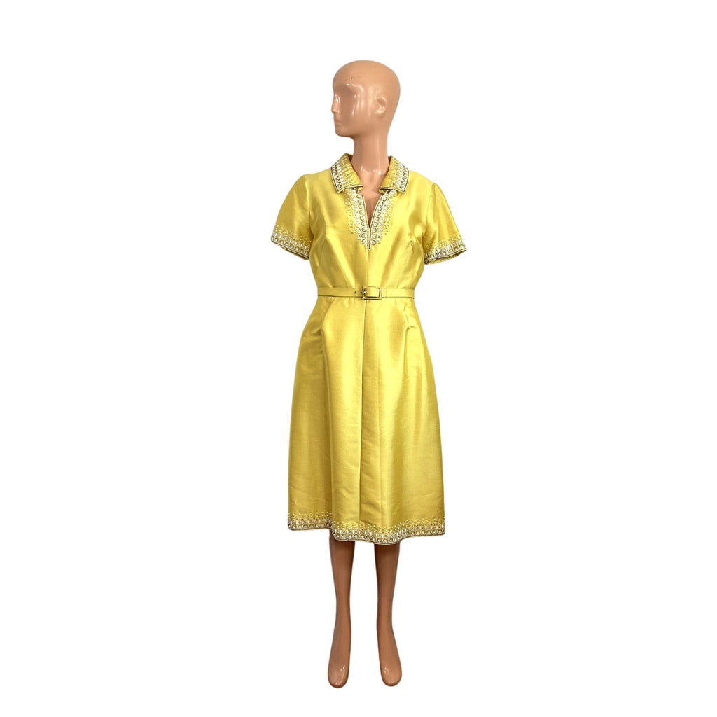 VTG 60s Sir Norman Hartnell S Yellow Beaded Wool Silk Couture Regency Midi Dress