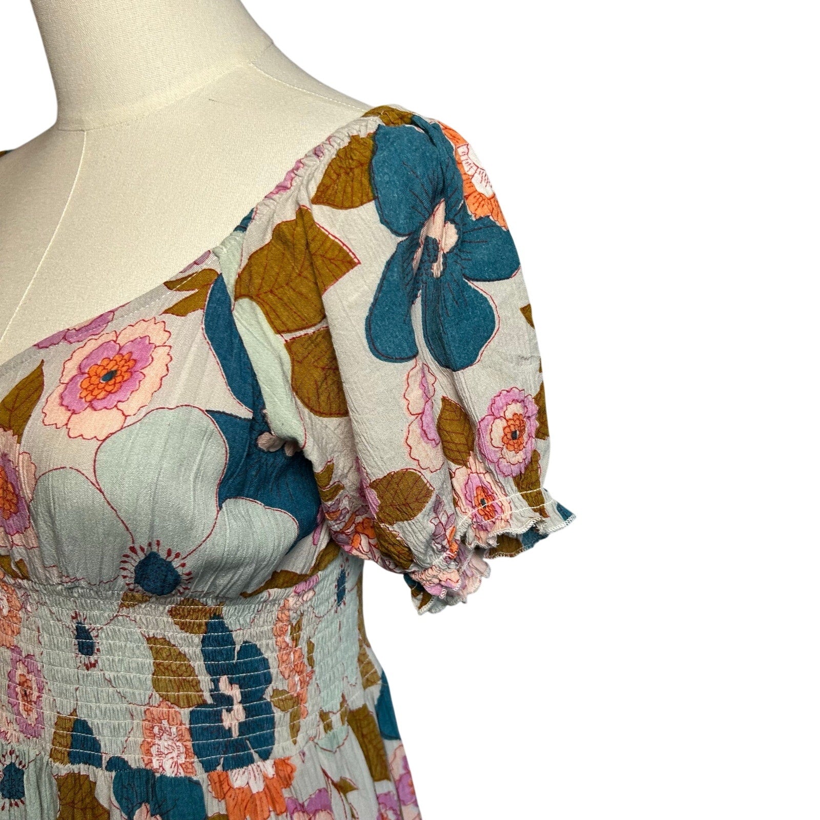 Angie Floral Smocked Boho Mini Dress Medium Cottage Indie Retro Rayon Festival